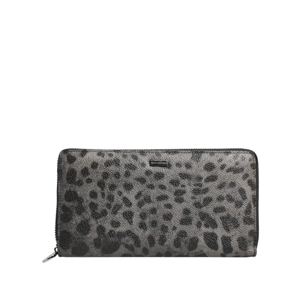 Dolce & Gabbana Schwarzer grauer Leopard Leder Zip Around Continental Geldbörse
