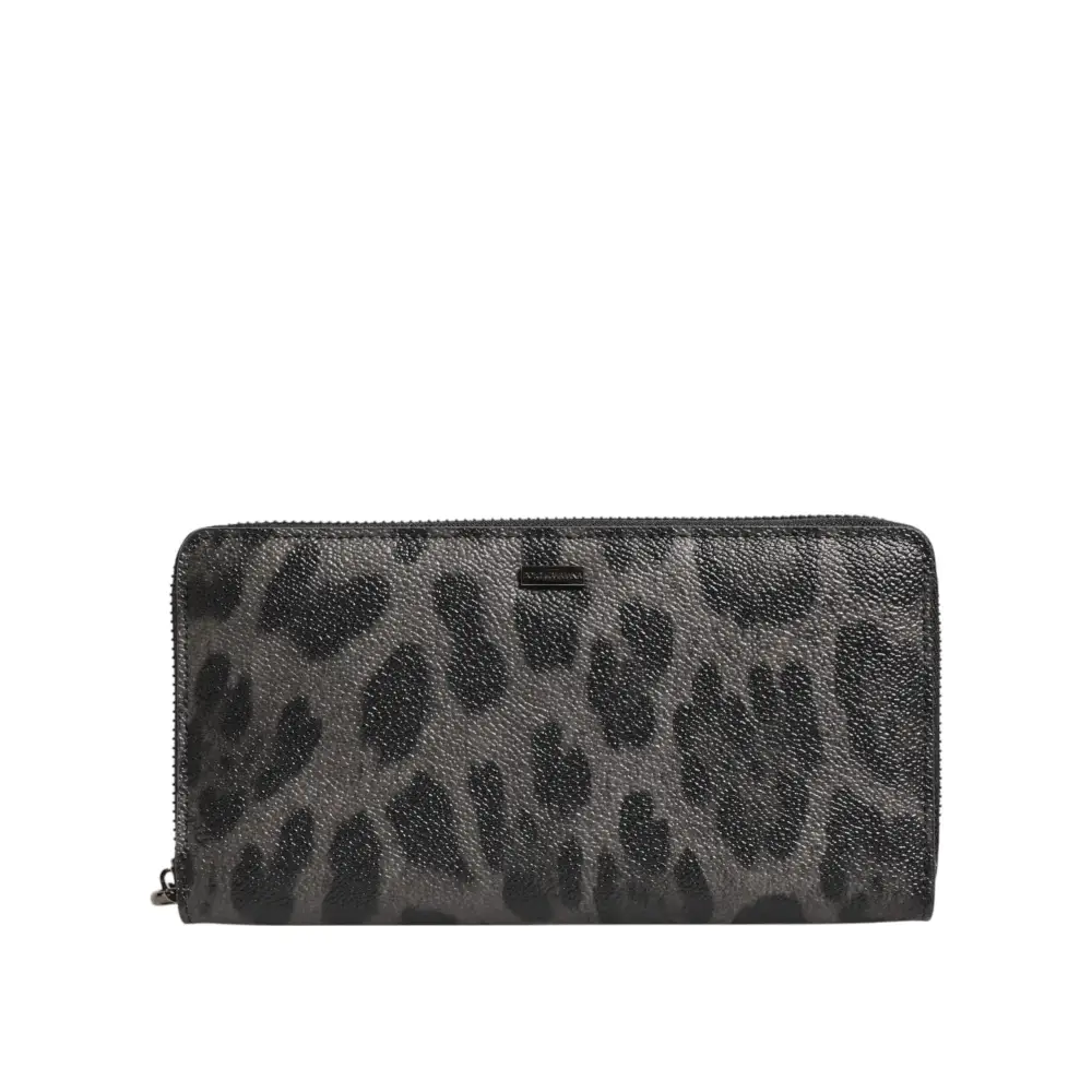 Dolce & Gabbana Schwarzer grauer Leopard Leder Zip Around Continental Geldbörse