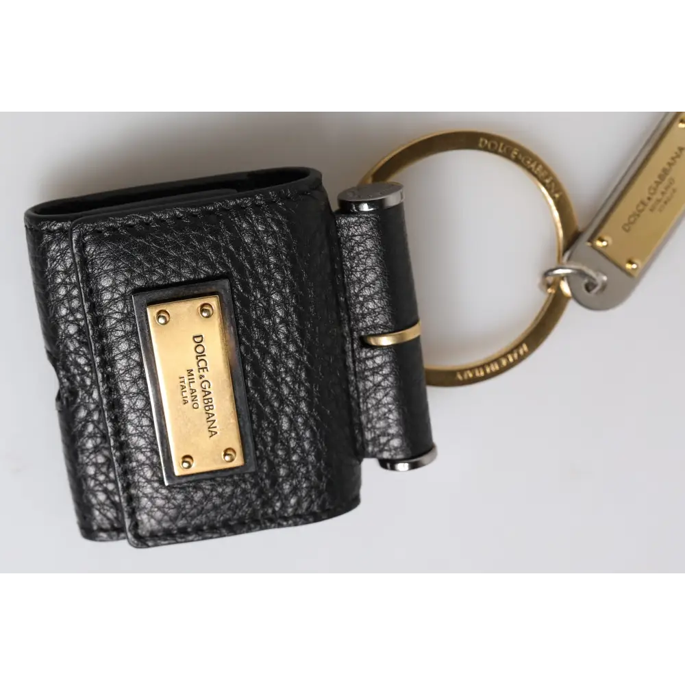 Dolce & Gabbana Schwarzer Lederriemen Gold Metall Logo Plaque Airpods Fall