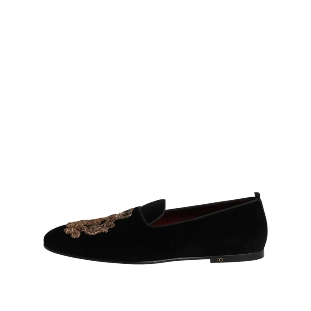Dolce & Gabbana Schwarzer Samt Gold Crown Herren Loafers Schuhe - EU48/US15