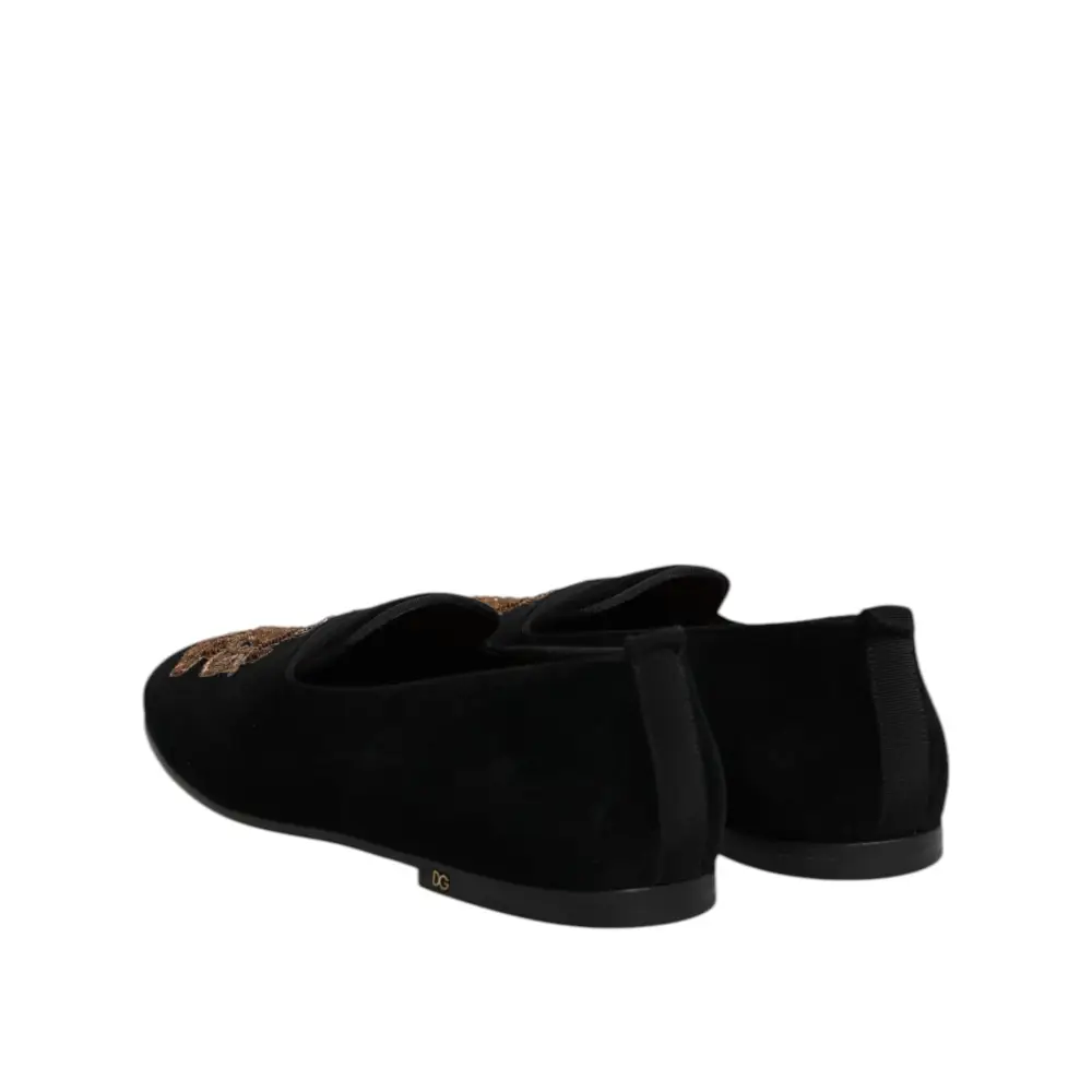 Dolce & Gabbana Schwarzer Samt Gold Crown Herren Loafers Schuhe - EU48/US15