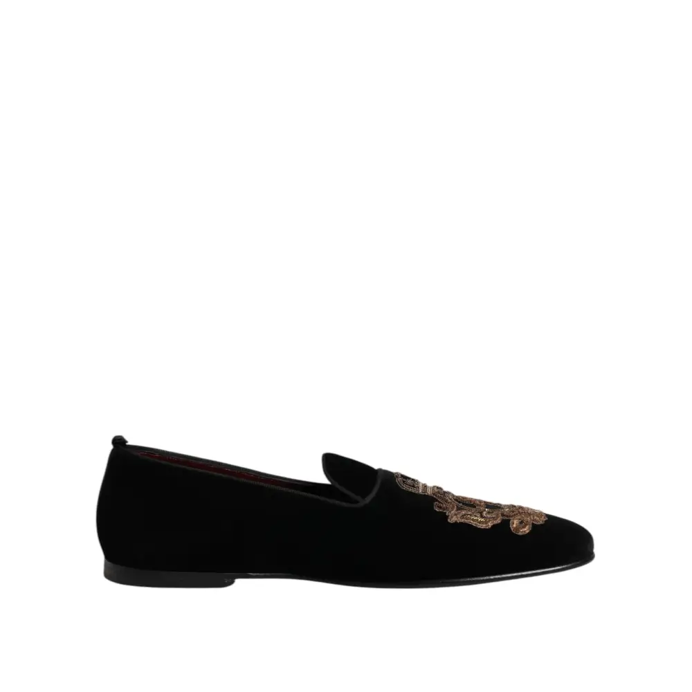 Dolce & Gabbana Schwarzer Samt Gold Crown Herren Loafers Schuhe - EU48/US15