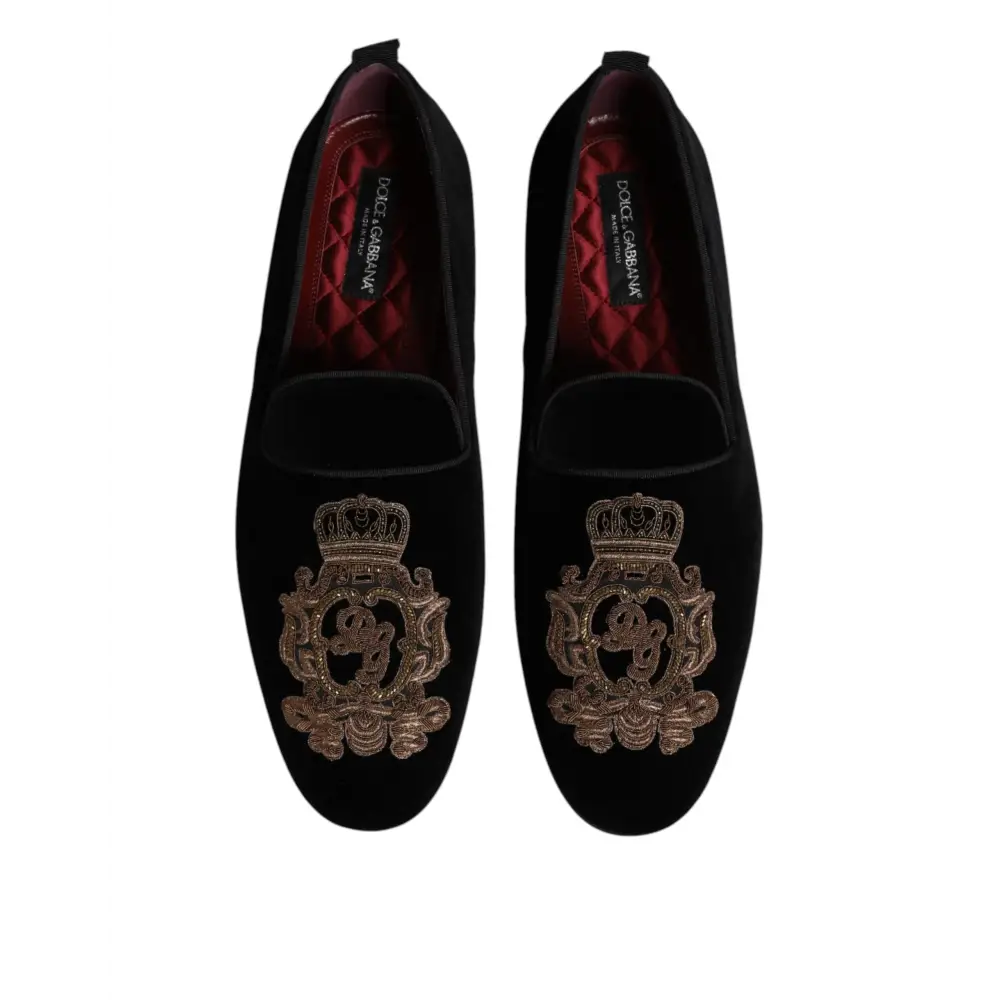 Dolce & Gabbana Schwarzer Samt Gold Crown Herren Loafers Schuhe - EU48/US15