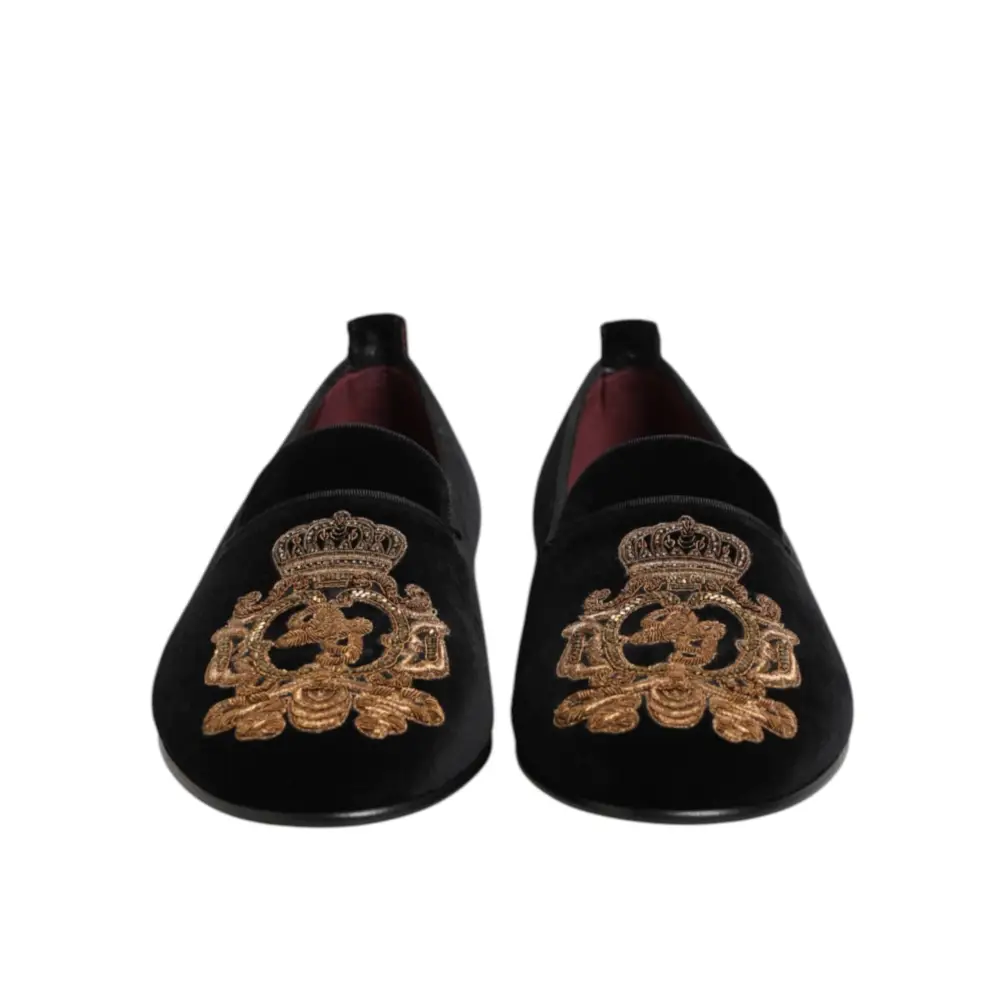 Dolce & Gabbana Schwarzer Samt Gold Crown Herren Loafers Schuhe - EU 40 | US 7