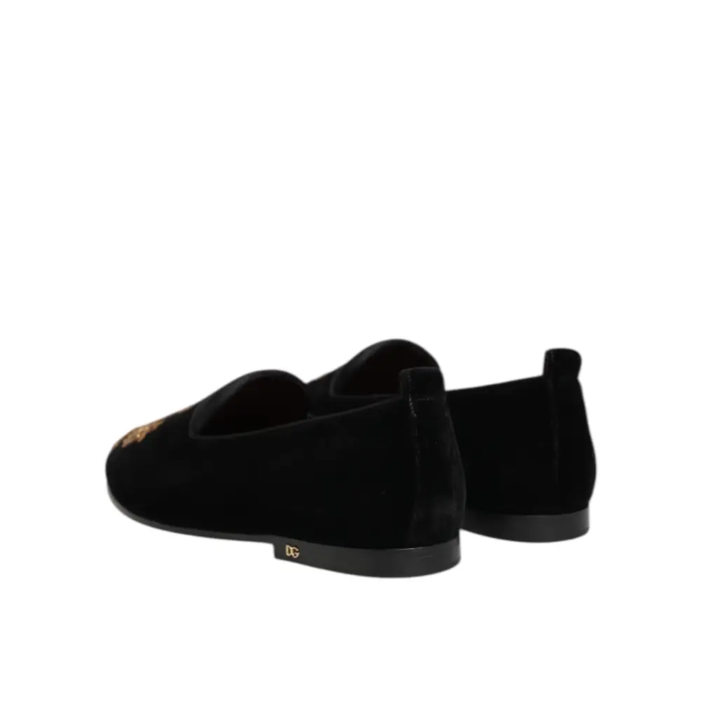 Dolce & Gabbana Schwarzer Samt Gold Crown Herren Loafers Schuhe - EU 40 | US 7
