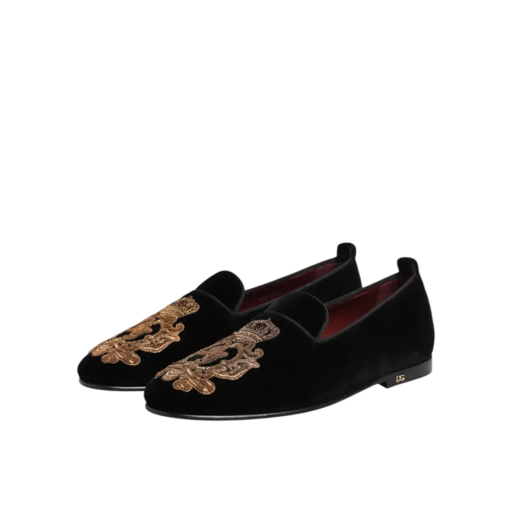 Dolce & Gabbana Schwarzer Samt Gold Crown Herren Loafers Schuhe - EU 40 | US 7