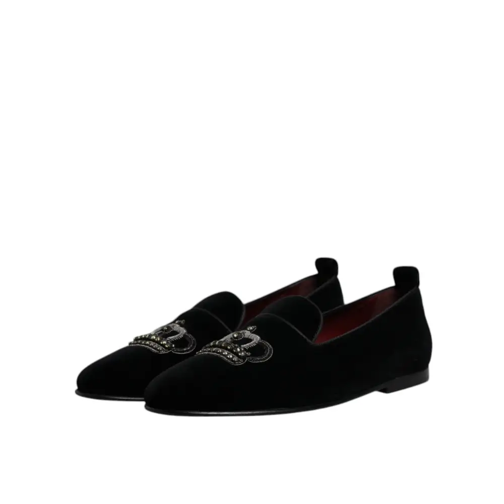 Dolce & Gabbana Schwarzer Samt Kristallkrone Loafers Formelle Kleid Schuhe - EU41/US8