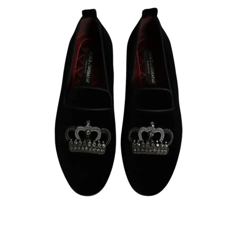 Dolce & Gabbana Schwarzer Samt Kristallkrone Loafers Formelle Kleid Schuhe - EU41/US8