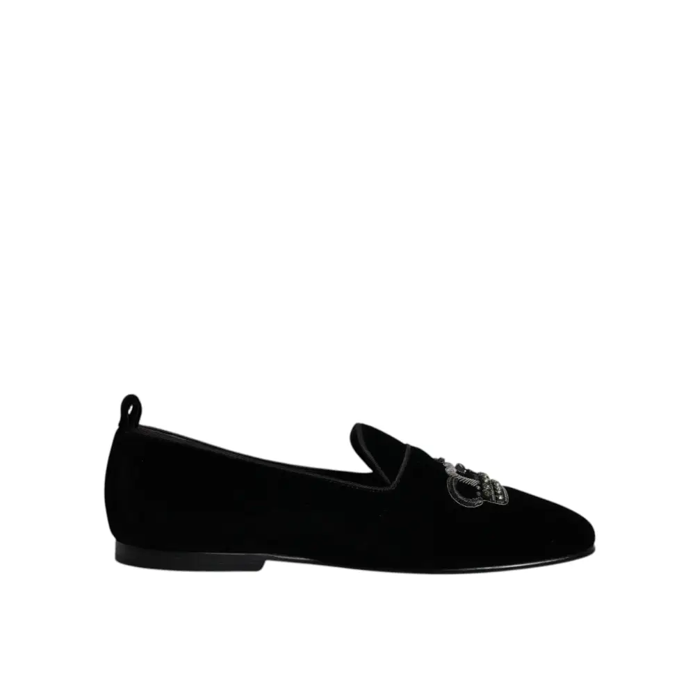 Dolce & Gabbana Schwarzer Samt Kristallkrone Loafers Formelle Kleid Schuhe - EU41/US8