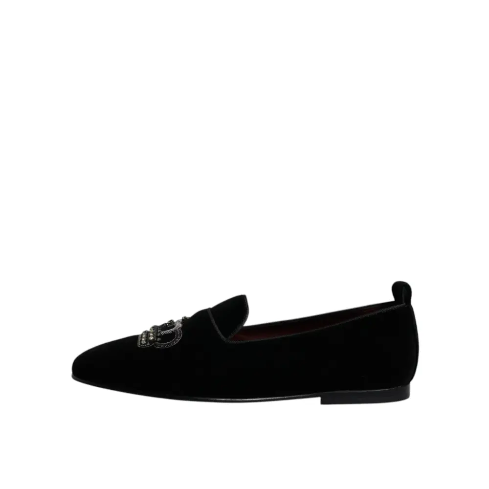 Dolce & Gabbana Schwarzer Samt Kristallkrone Loafers Formelle Kleid Schuhe - EU41/US8