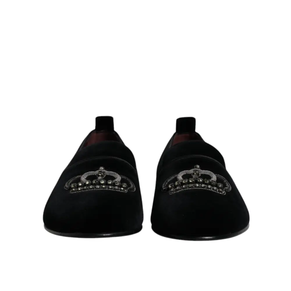 Dolce & Gabbana Schwarzer Samt Kristallkrone Loafers Formelle Kleid Schuhe - EU41/US8