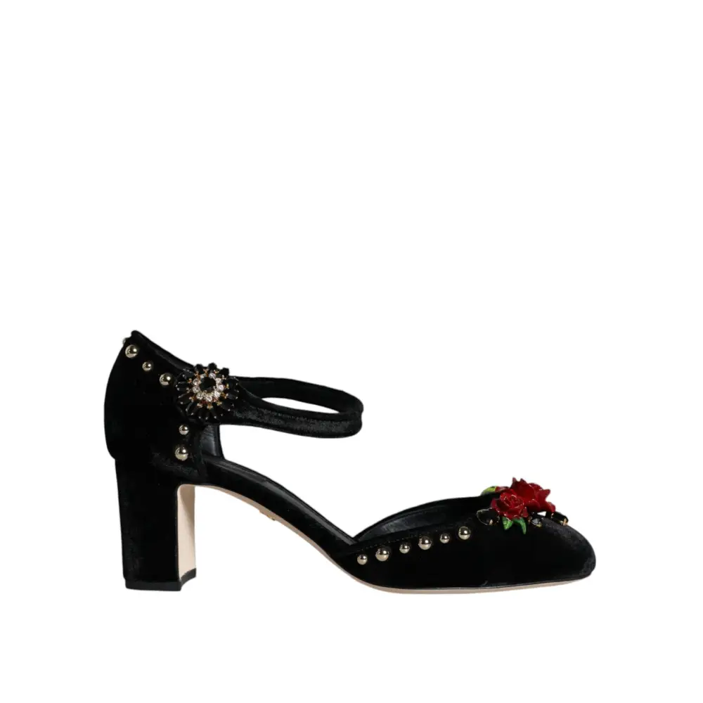 Dolce & Gabbana Schwarzer Samt Rosen Knöchelriemen Pumps Schuhe - EU37/US7