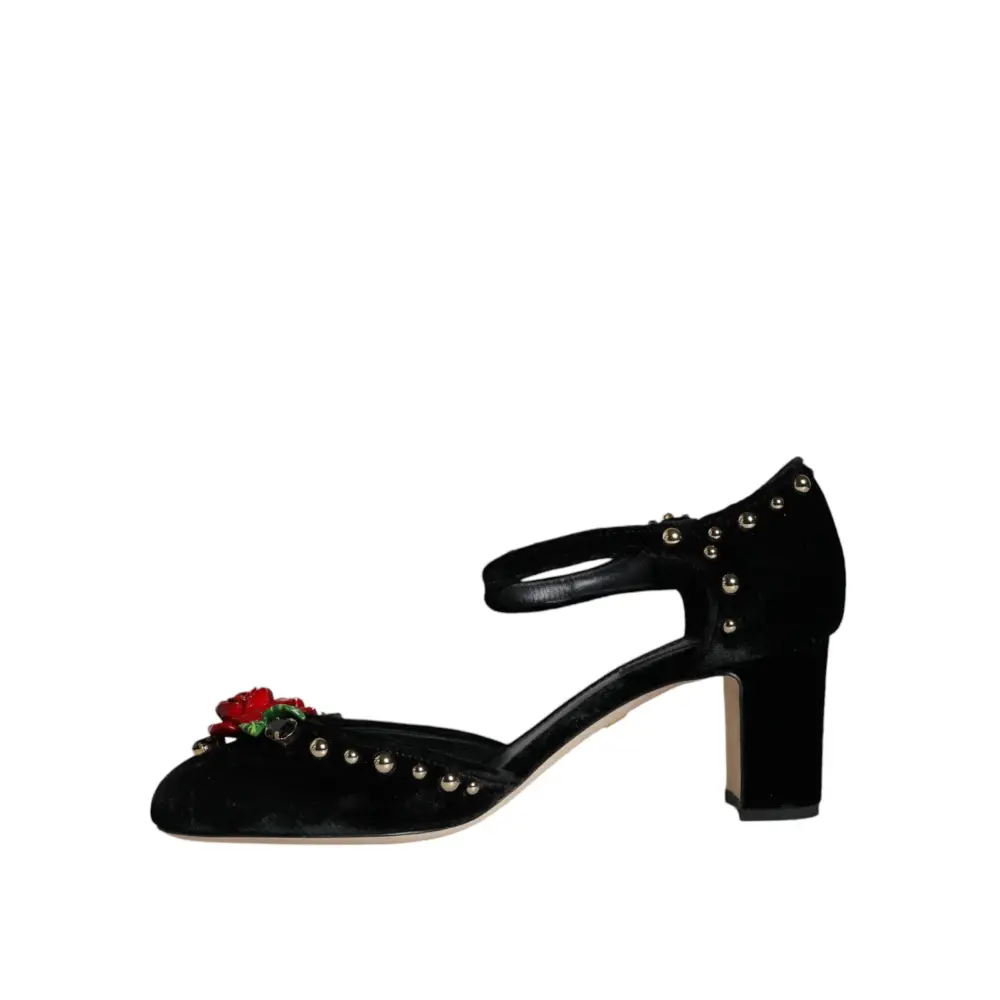 Dolce & Gabbana Schwarzer Samt Rosen Knöchelriemen Pumps Schuhe - EU37/US7