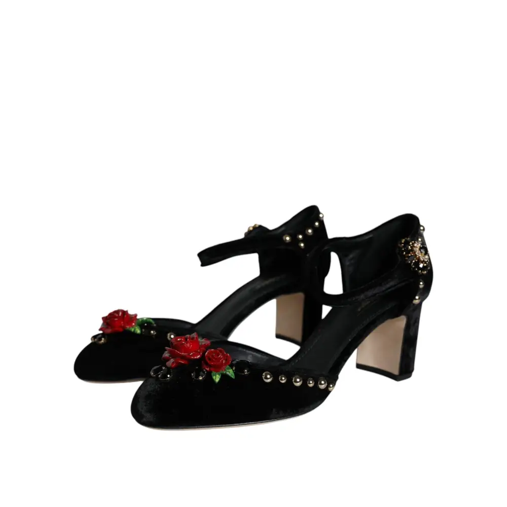 Dolce & Gabbana Schwarzer Samt Rosen Knöchelriemen Pumps Schuhe - EU37/US7
