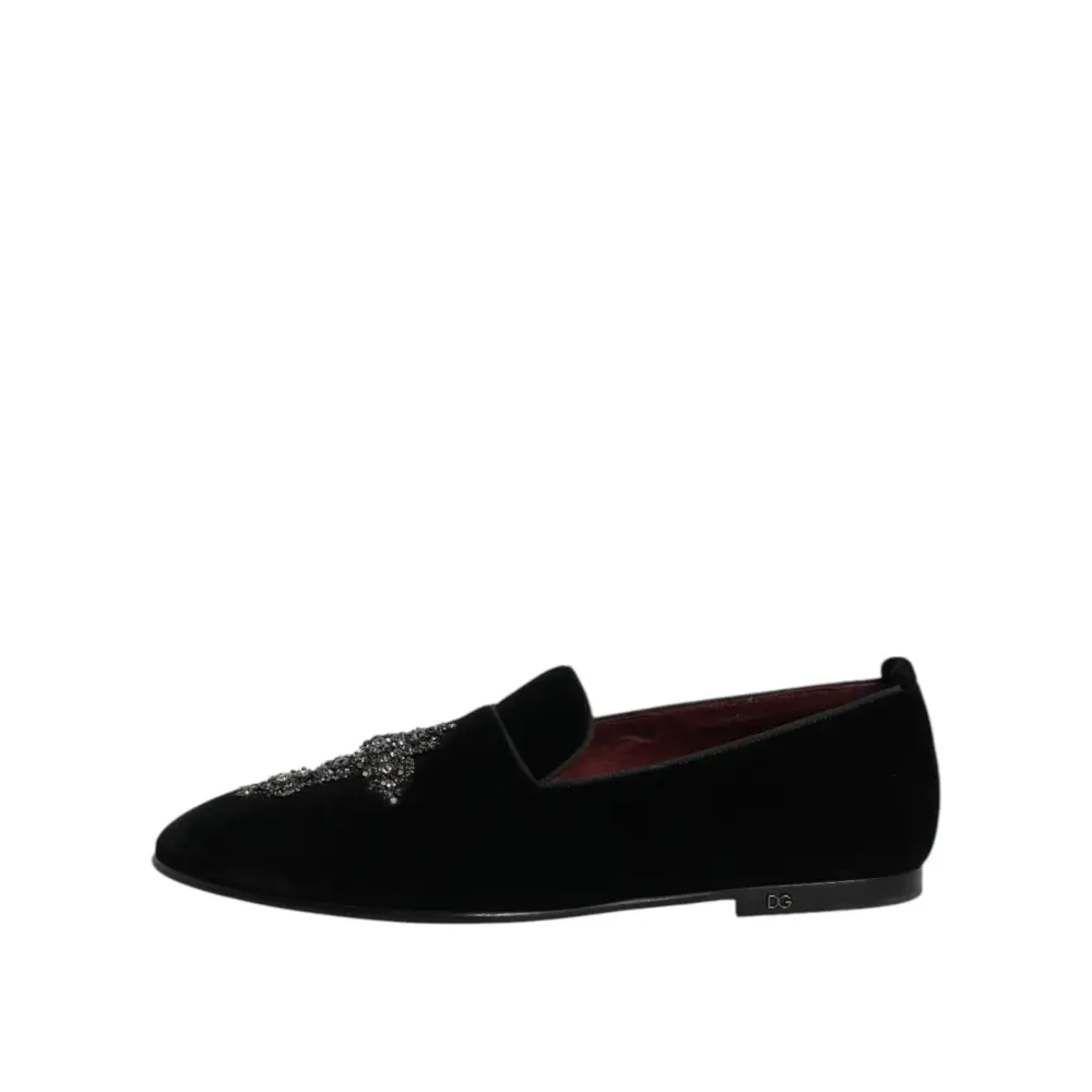 Dolce & Gabbana Schwarzer Samt verschönert Loafer Slip On Schuhe - EU43/US10