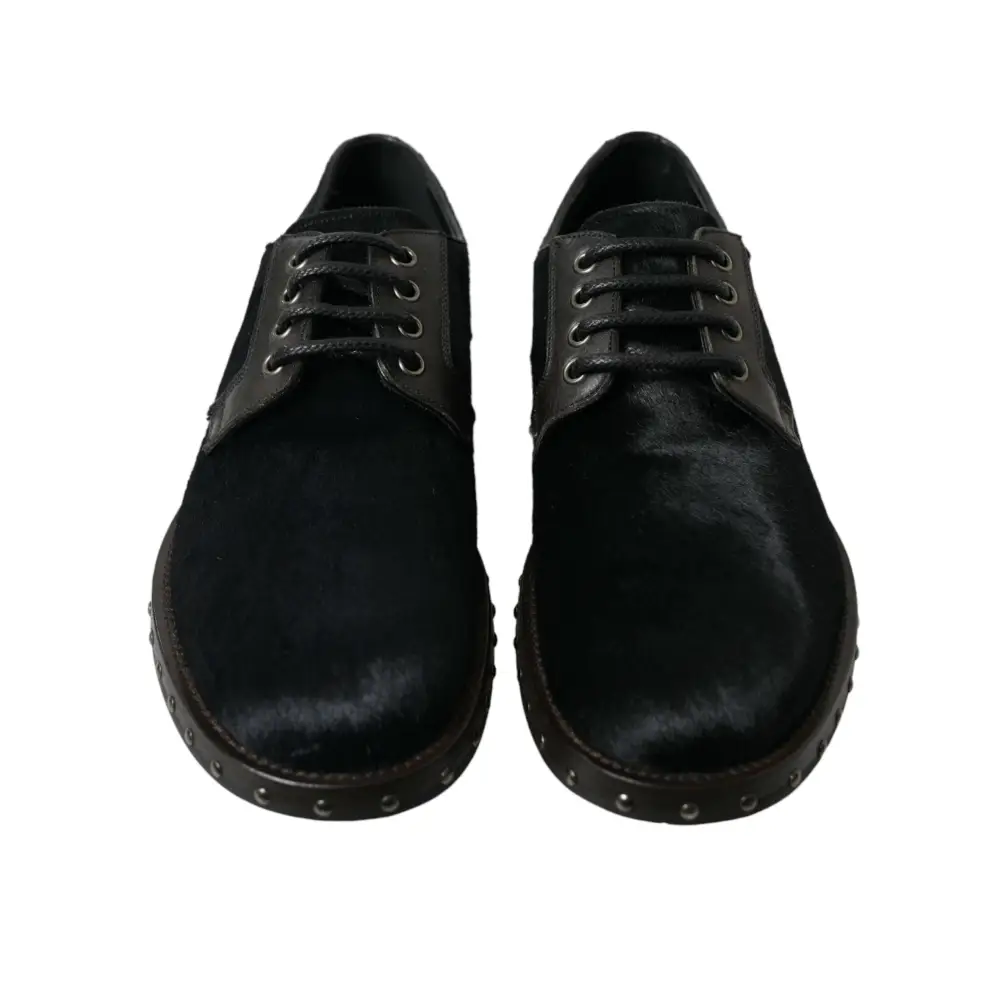 Dolce & Gabbana Schwarzer Stall Pelz Derby SAN PIETRO Kleid Schuhe