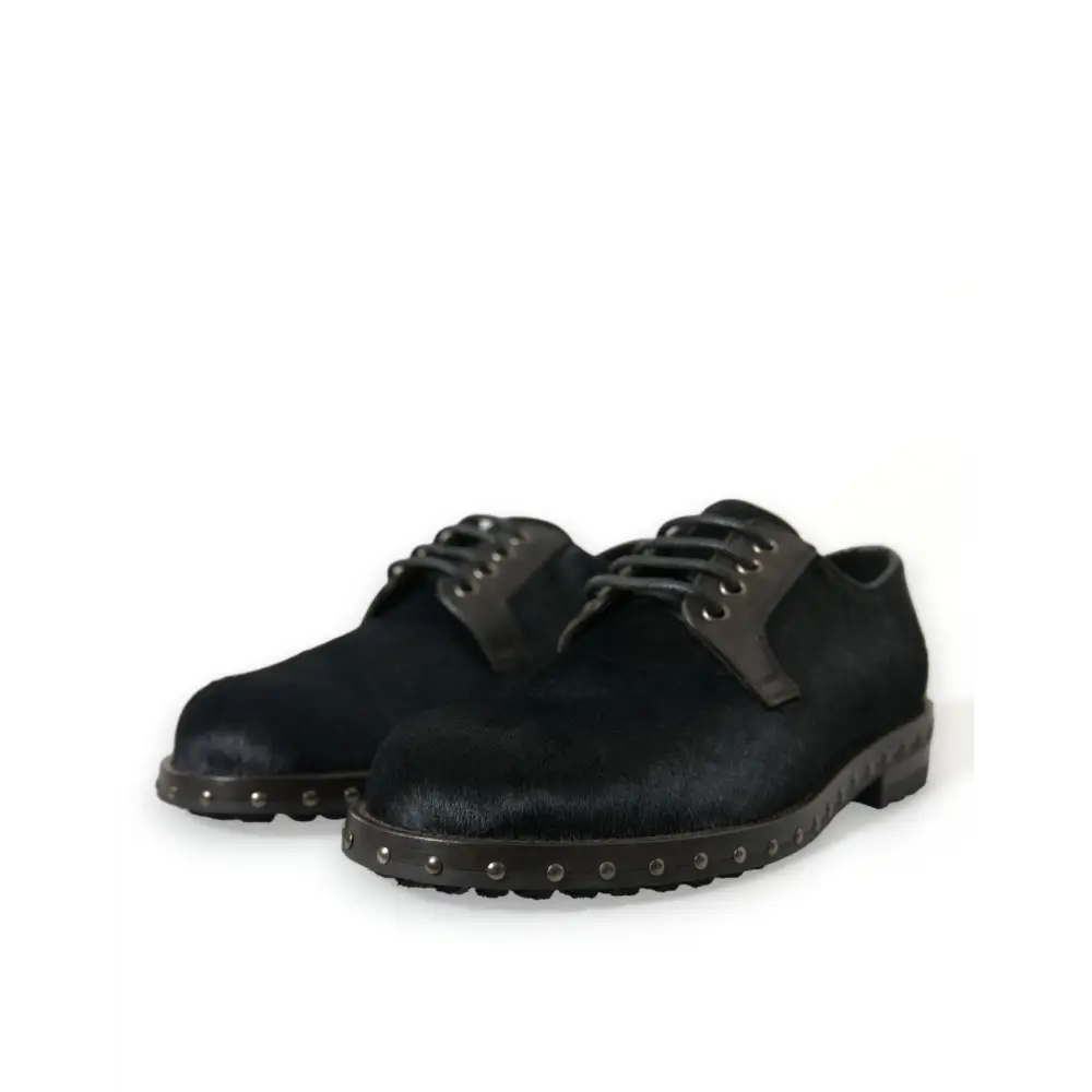 Dolce & Gabbana Schwarzer Stall Pelz Derby SAN PIETRO Kleid Schuhe - EU41/US8