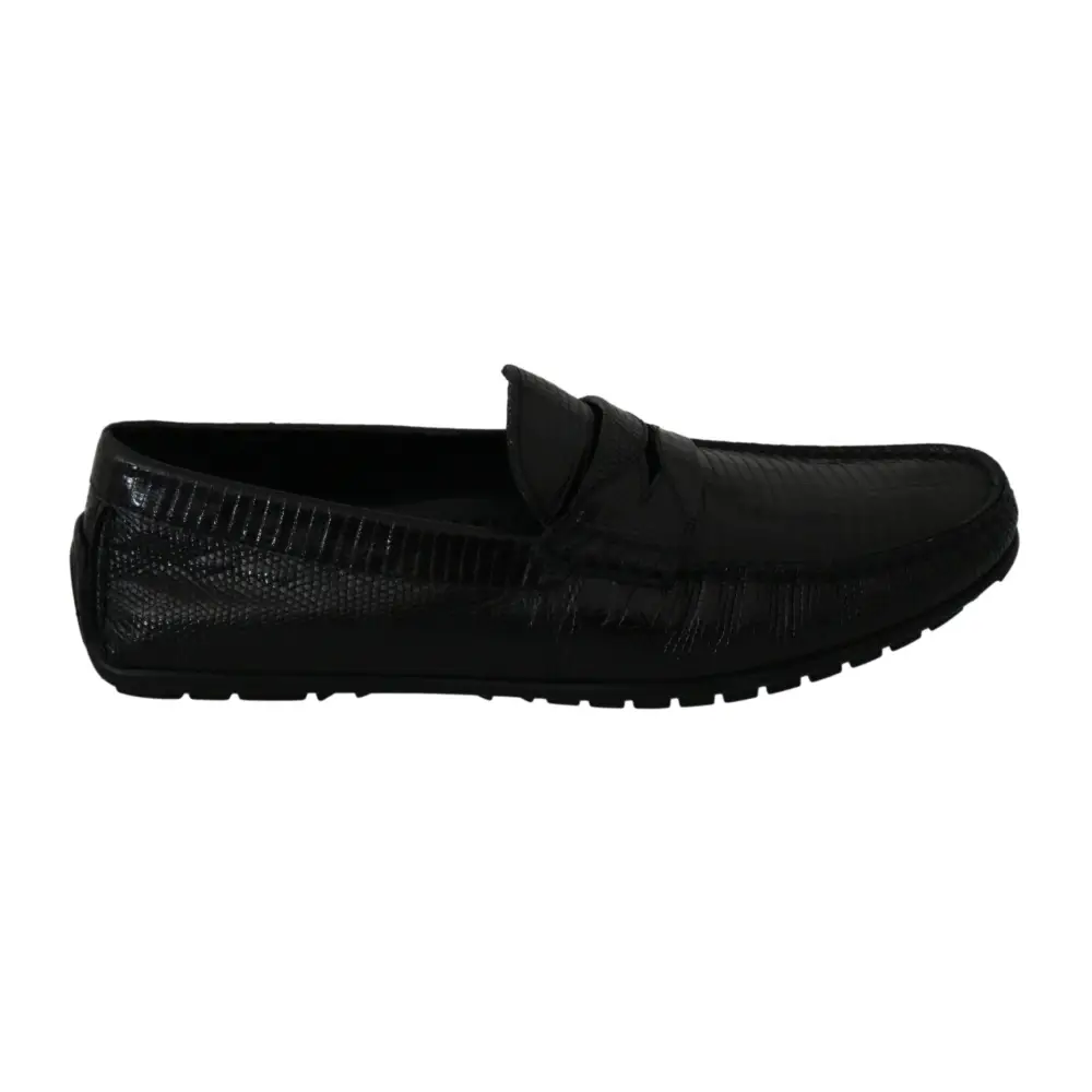 Dolce & Gabbana Schwarzes Eidechsenleder Flache Loafers Schuhe - EU39/US6