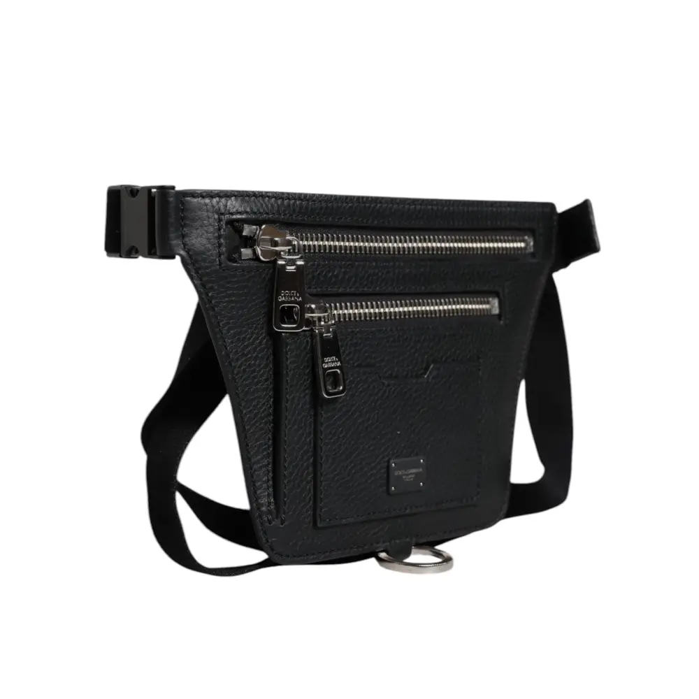 Dolce & Gabbana Schwarzes Kalbsleder Logo Plaque Gürtel Taille Männer Fanny Pack Tasche