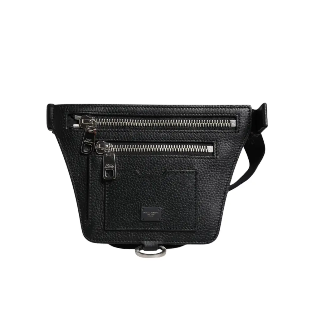 Dolce & Gabbana Schwarzes Kalbsleder Logo Plaque Gürtel Taille Männer Fanny Pack Tasche
