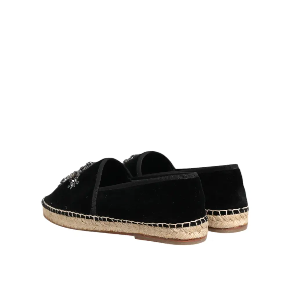Dolce & Gabbana Schwarzes Kreuz Kristall Slip On Espadrille Schuhe - EU39/US6