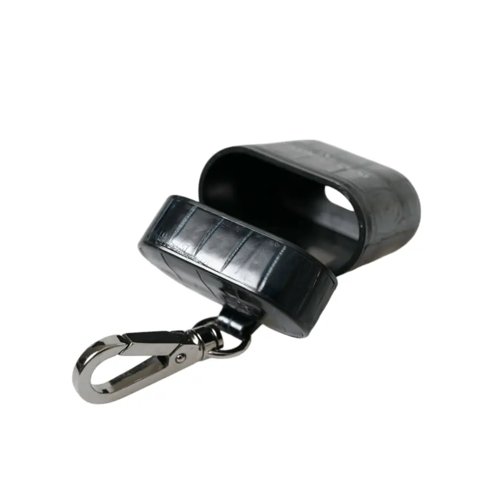 Dolce & Gabbana Schwarzes Krokodilleder Silber Metall Logo Airpods Etui