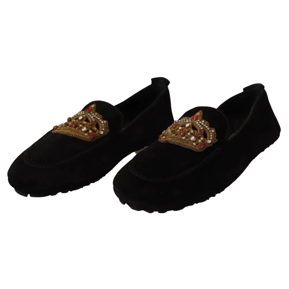 Dolce & Gabbana Schwarzes Leder Crystal Gold Crown Loafers Schuhe - EU39/US6