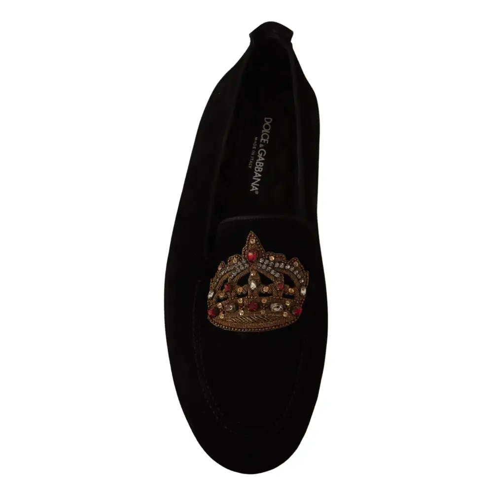 Dolce & Gabbana Schwarzes Leder Crystal Gold Crown Loafers Schuhe - EU39/US6