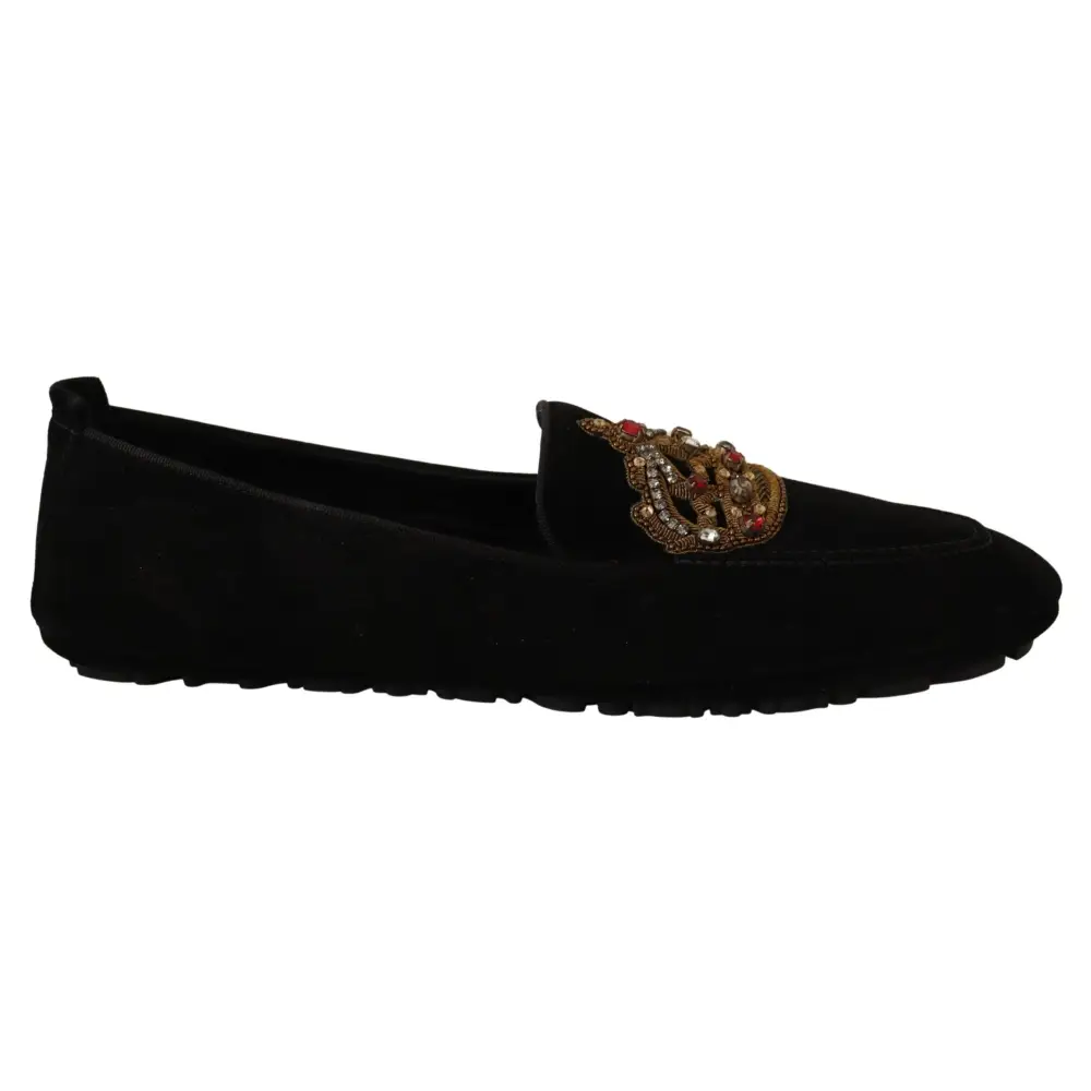 Dolce & Gabbana Schwarzes Leder Crystal Gold Crown Loafers Schuhe - EU39/US6