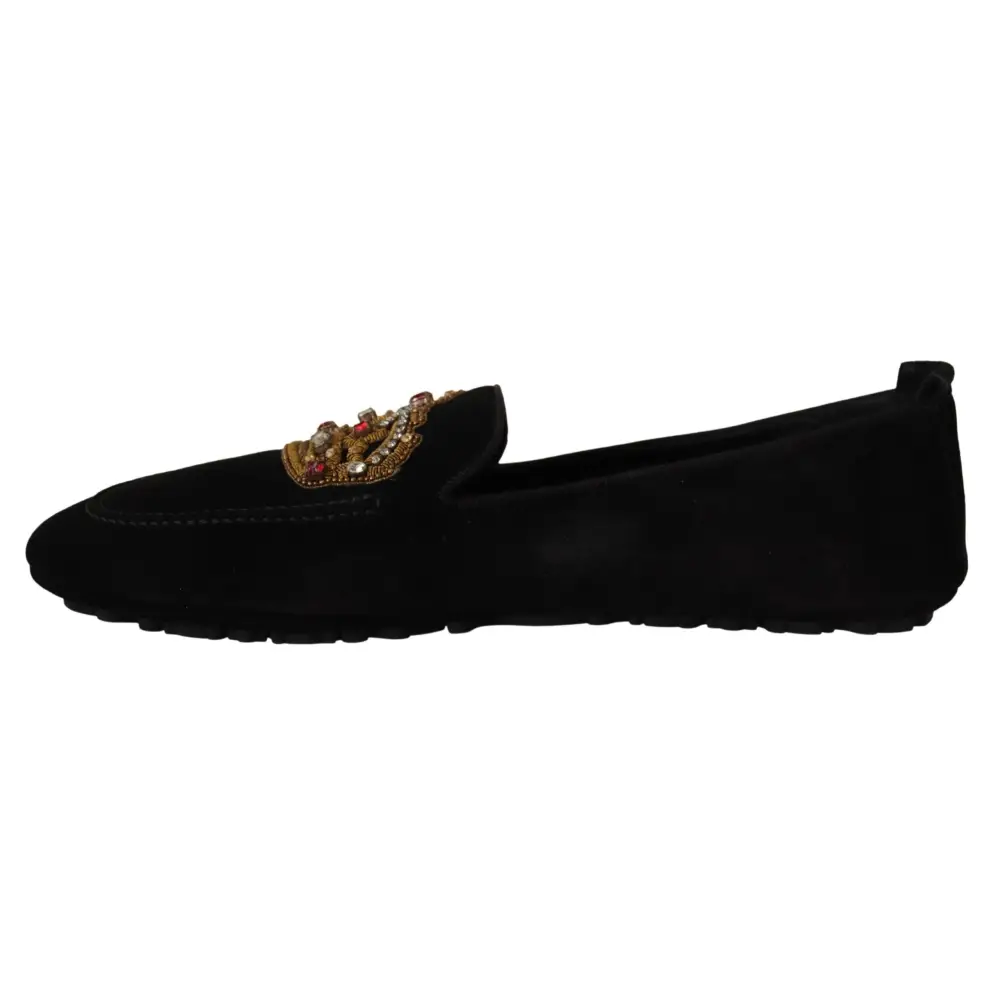 Dolce & Gabbana Schwarzes Leder Crystal Gold Crown Loafers Schuhe - EU39/US6