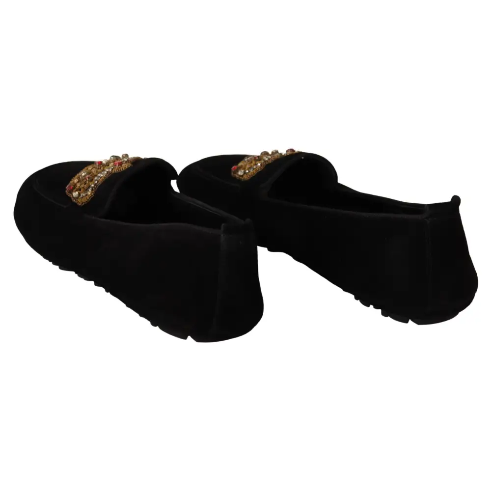 Dolce & Gabbana Schwarzes Leder Crystal Gold Crown Loafers Schuhe - EU39/US6