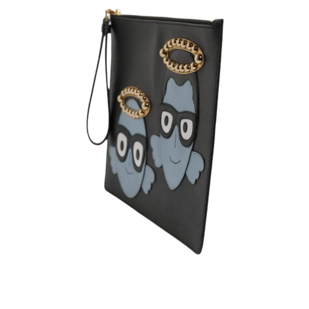 Dolce & Gabbana Schwarzes Leder #DGFAMILY verschönert Männer Zip Pouch Tasche