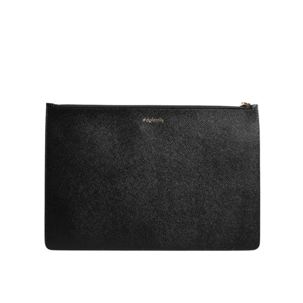 Dolce & Gabbana Schwarzes Leder #DGFAMILY verschönert Männer Zip Pouch Tasche