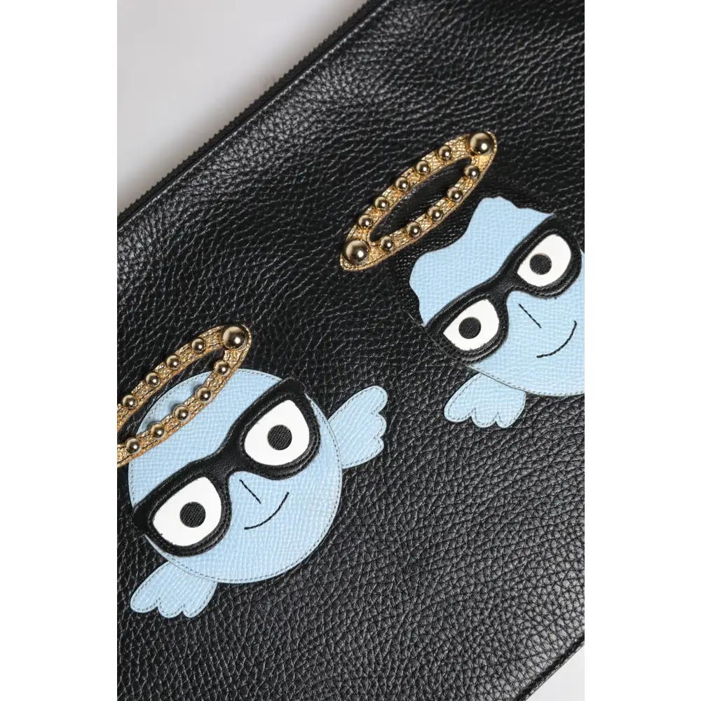 Dolce & Gabbana Schwarzes Leder #DGFAMILY verschönert Männer Zip Pouch Tasche