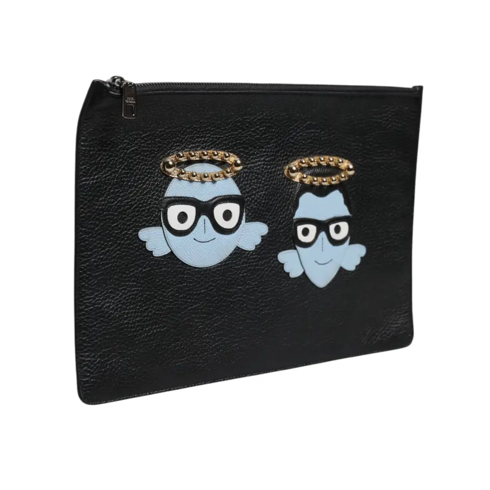 Dolce & Gabbana Schwarzes Leder #DGFAMILY verschönert Männer Zip Pouch Tasche