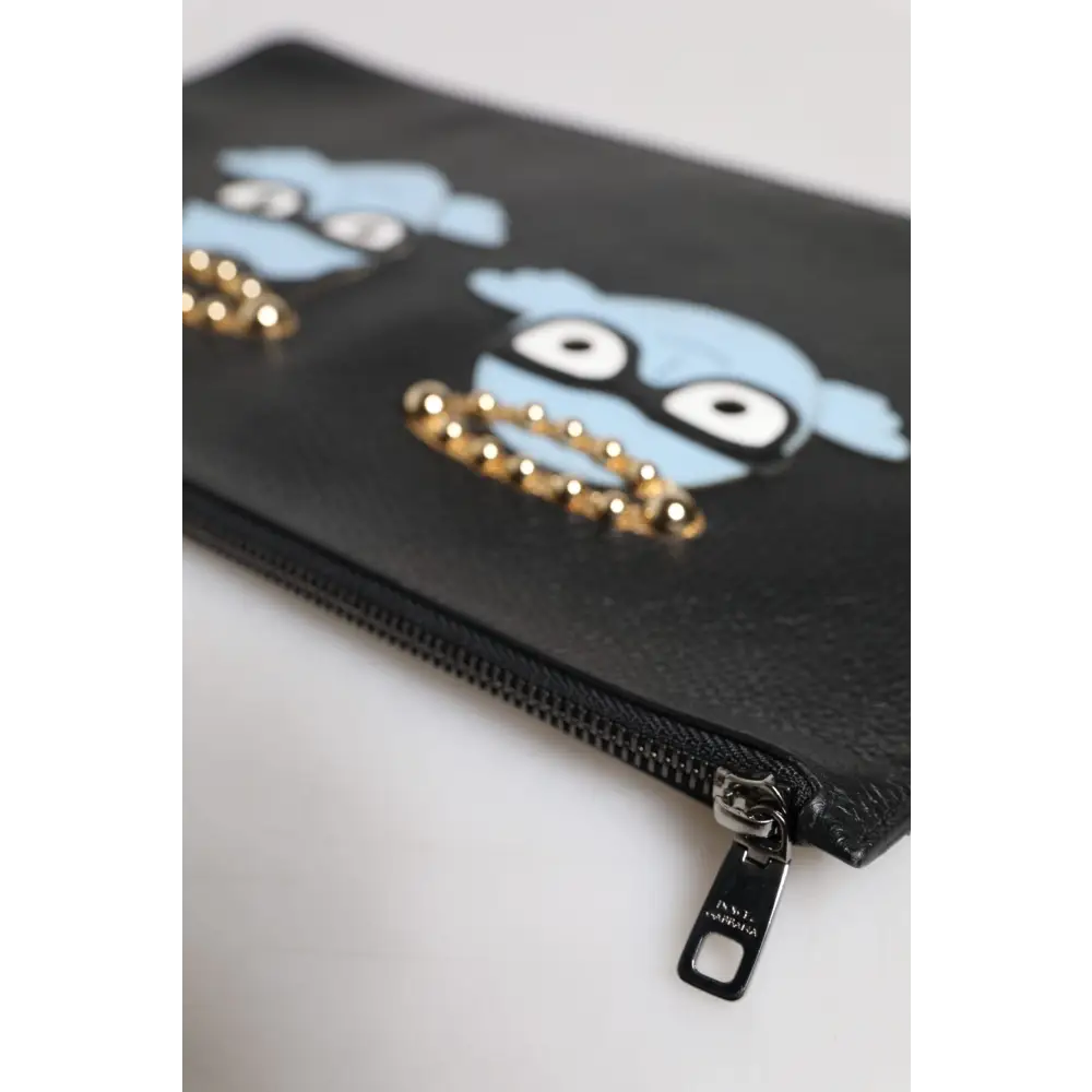 Dolce & Gabbana Schwarzes Leder #DGFAMILY verschönert Männer Zip Pouch Tasche