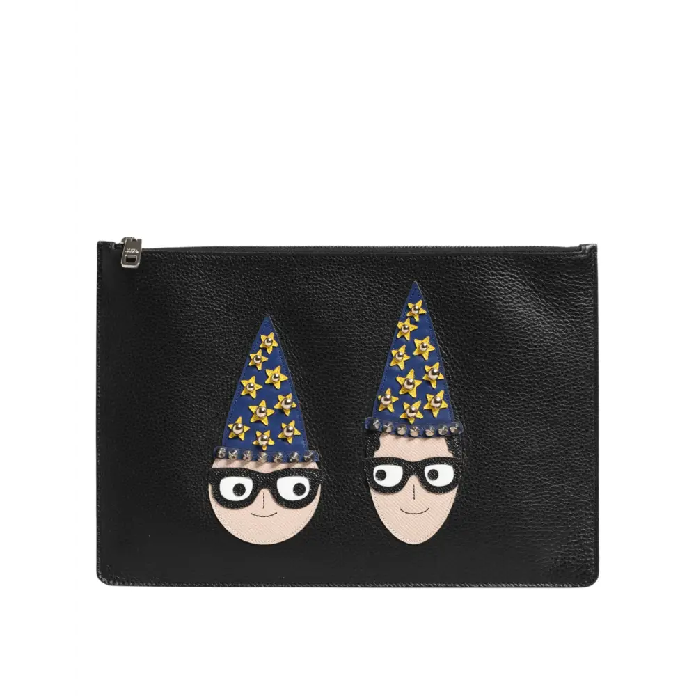 Dolce & Gabbana Schwarzes Leder #DGFAMILY Verschönerte Herren Clutch Pouch Tasche