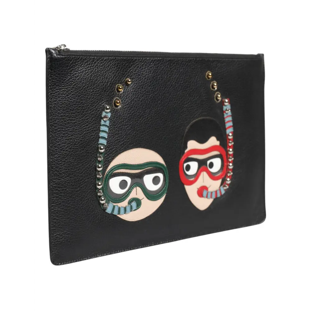 Dolce & Gabbana Schwarzes Leder #DGFAMILY Verschönerte Herren Clutch Pouch Tasche