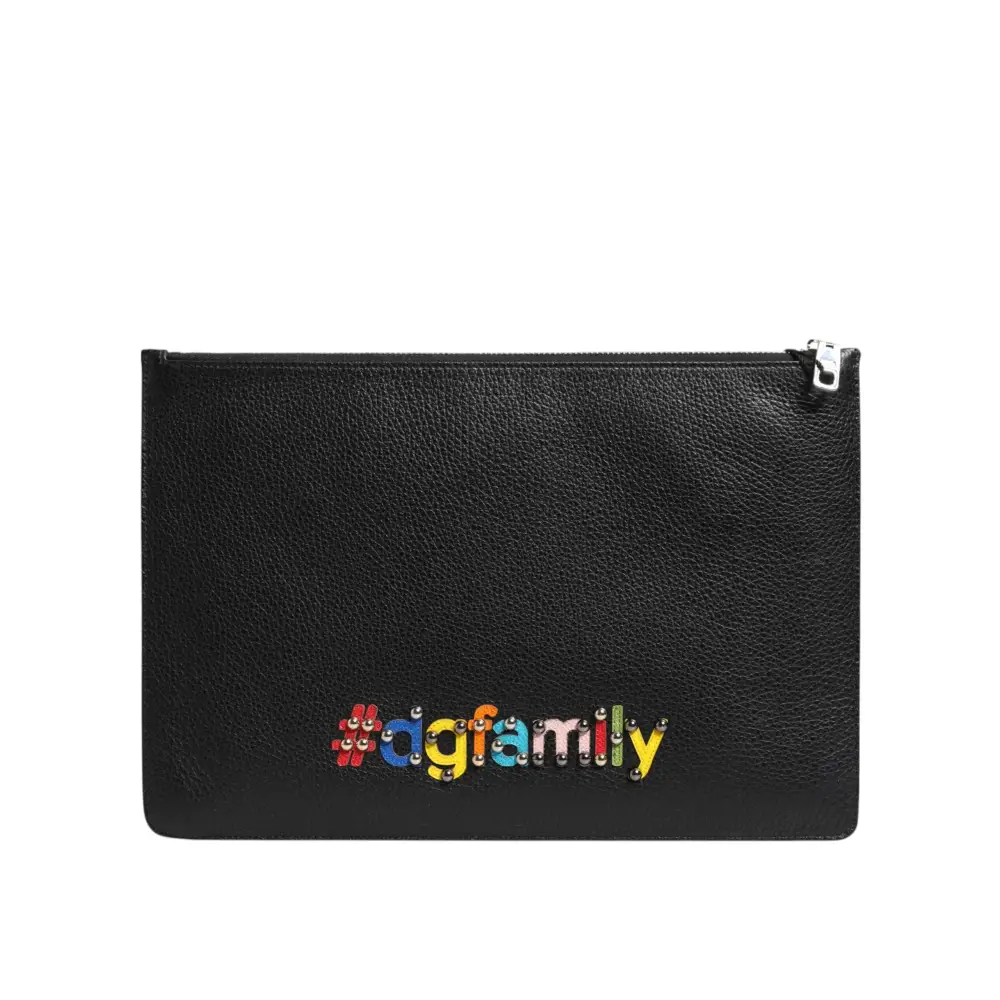 Dolce & Gabbana Schwarzes Leder #DGFAMILY Verschönerte Herren Clutch Pouch Tasche