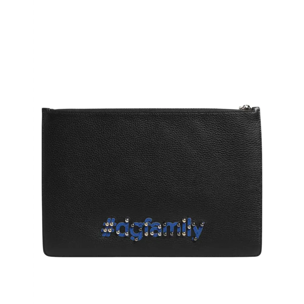 Dolce & Gabbana Schwarzes Leder #DGFAMILY Verschönerte Herren Clutch Pouch Tasche