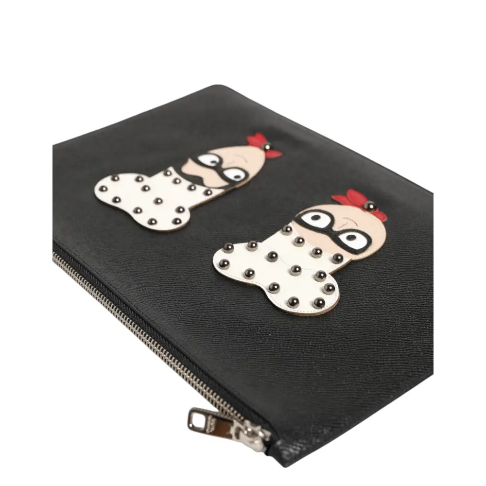 Dolce & Gabbana Schwarzes Leder #DGFAMILY Verschönerte Herren Clutch Pouch Tasche