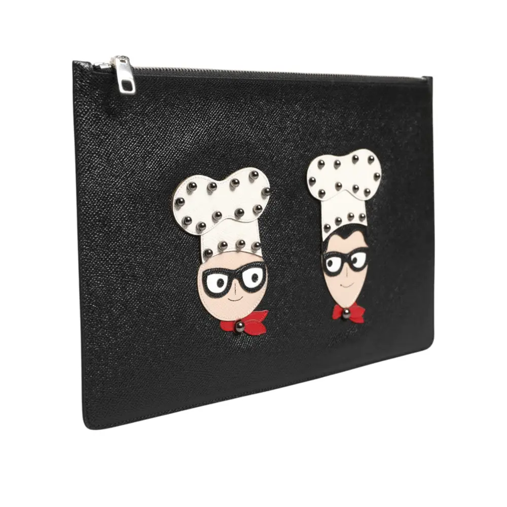 Dolce & Gabbana Schwarzes Leder #DGFAMILY Verschönerte Herren Clutch Pouch Tasche