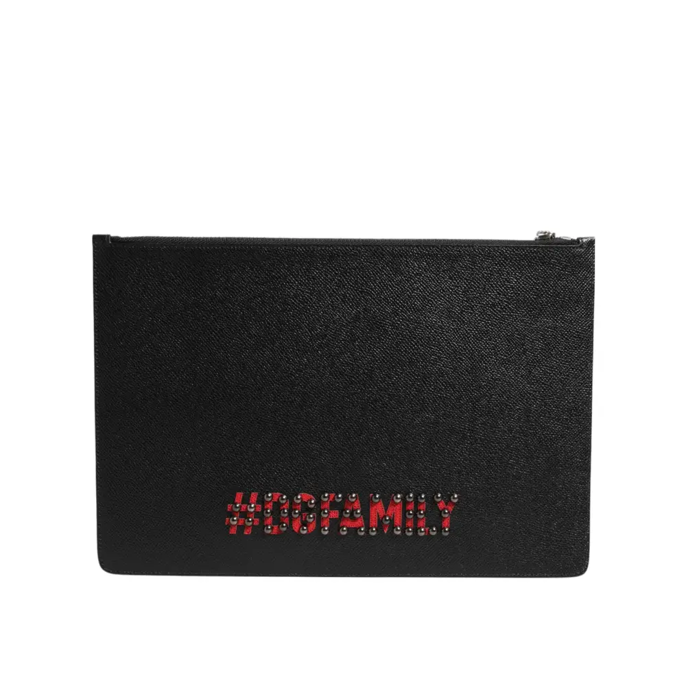 Dolce & Gabbana Schwarzes Leder #DGFAMILY Verschönerte Herren Clutch Pouch Tasche