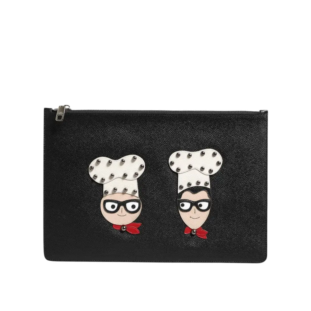 Dolce & Gabbana Schwarzes Leder #DGFAMILY Verschönerte Herren Clutch Pouch Tasche