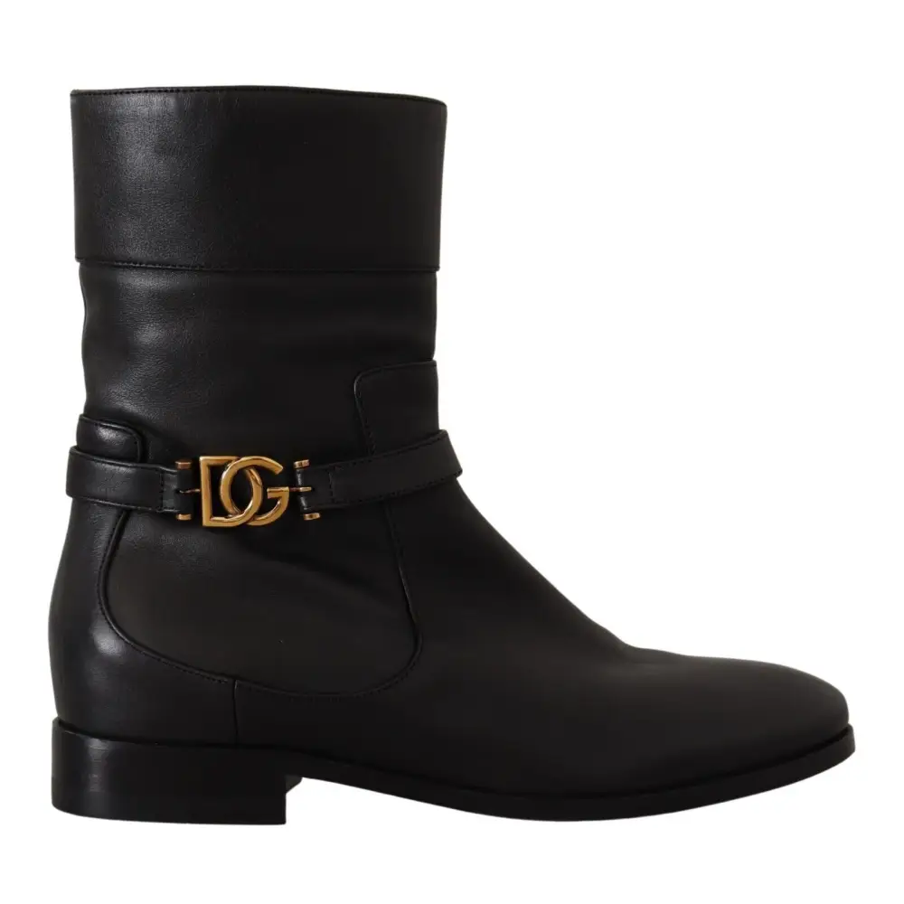 Dolce & Gabbana Schwarzes Leder Flats Logo Kurze Stiefel Schuhe - EU36/US5.5