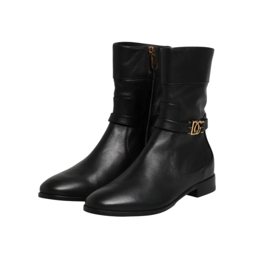 Dolce & Gabbana Schwarzes Leder Flats Logo Kurze Stiefel Schuhe - EU37.5/US7