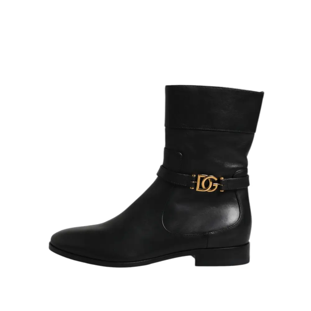 Dolce & Gabbana Schwarzes Leder Flats Logo Kurze Stiefel Schuhe - EU37.5/US7