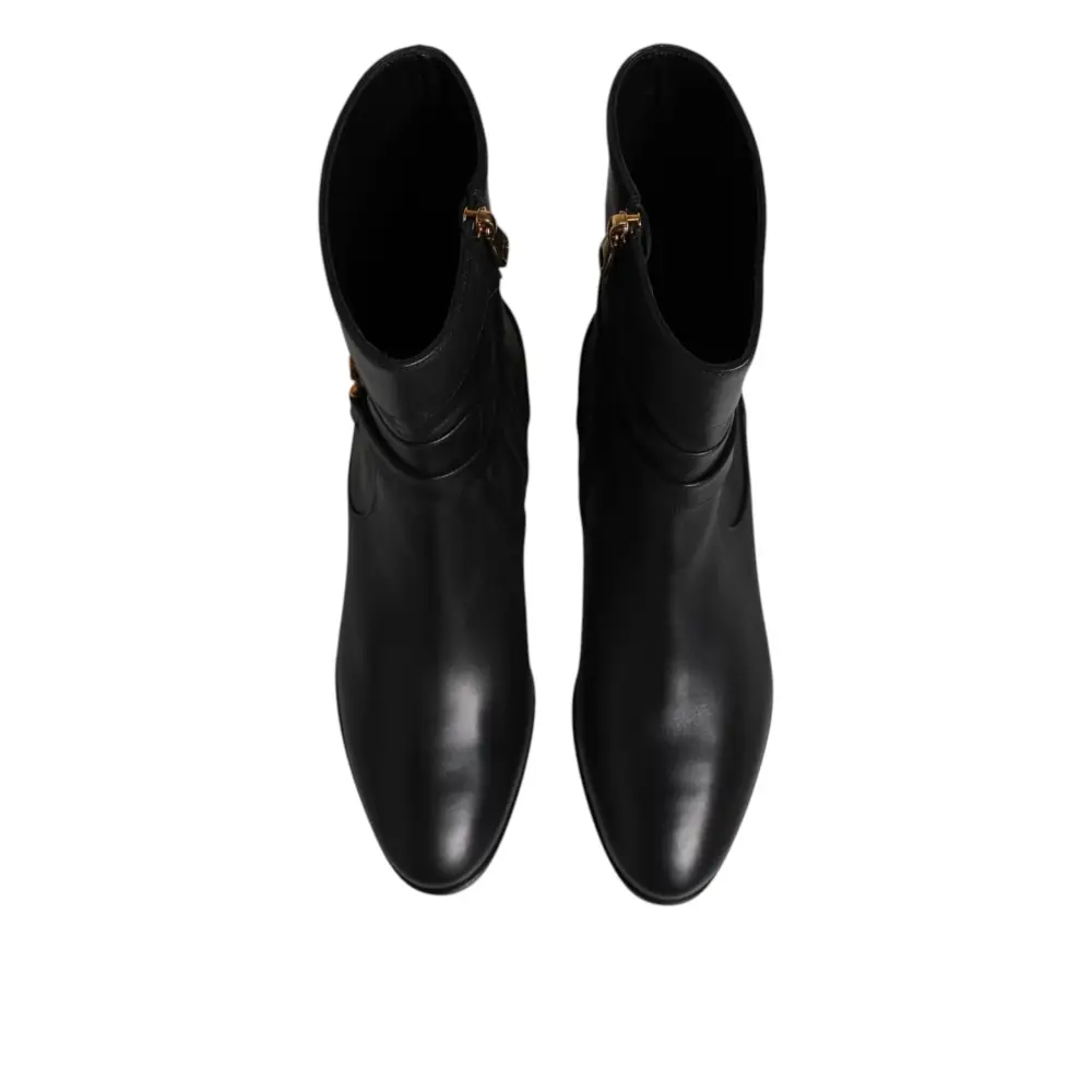 Dolce & Gabbana Schwarzes Leder Flats Logo Kurze Stiefel Schuhe - EU37.5/US7