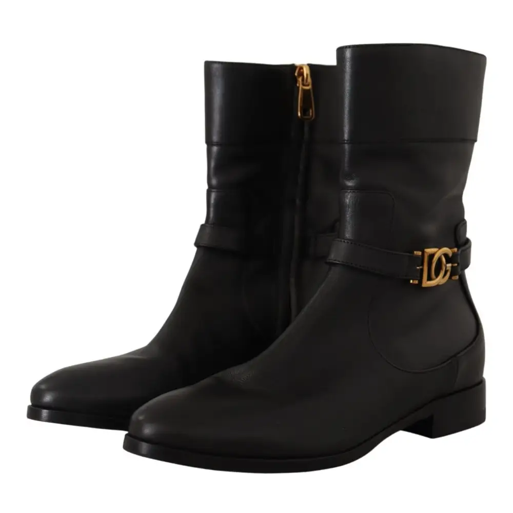 Dolce & Gabbana Schwarzes Leder Flats Logo Kurze Stiefel Schuhe - EU36/US5.5