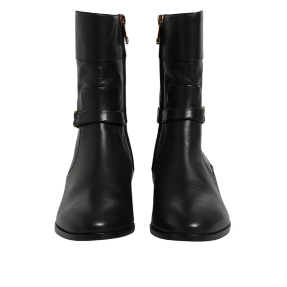 Dolce & Gabbana Schwarzes Leder Flats Logo Kurze Stiefel Schuhe - EU37.5/US7